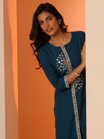 Women's Blue Embroidered Kurta Set with Mirror Work