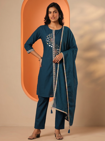 Women's Blue Embroidered Kurta Set with Mirror Work