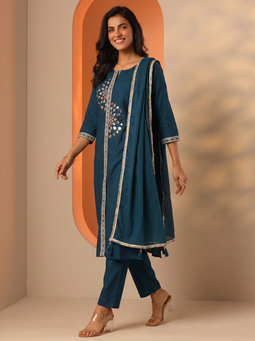 Women's Blue Embroidered Kurta Set with Mirror Work