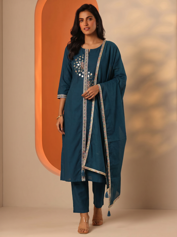Women's Blue Embroidered Kurta Set with Mirror Work