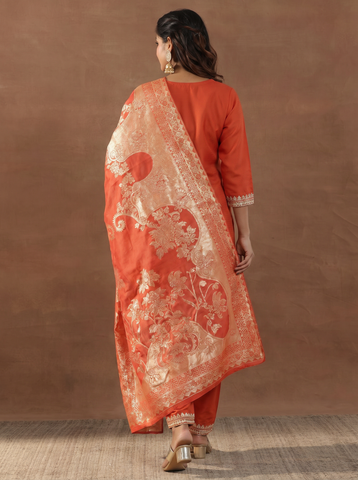 Women's Orange Embroidered Kurta Set with Banarasi Dupatta