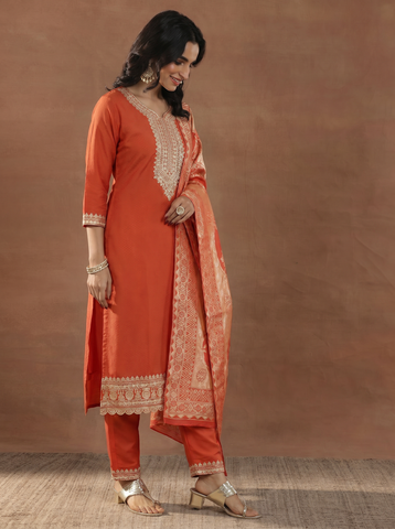 Women's Orange Embroidered Kurta Set with Banarasi Dupatta