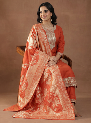 Women's Orange Embroidered Kurta Set with Banarasi Dupatta