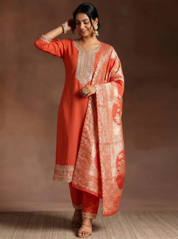 Women's Orange Embroidered Kurta Set with Banarasi Dupatta
