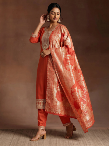 Women's Orange Embroidered Kurta Set with Banarasi Dupatta