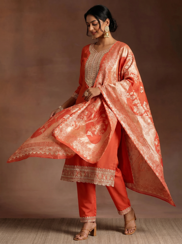 Women's Orange Embroidered Kurta Set with Banarasi Dupatta
