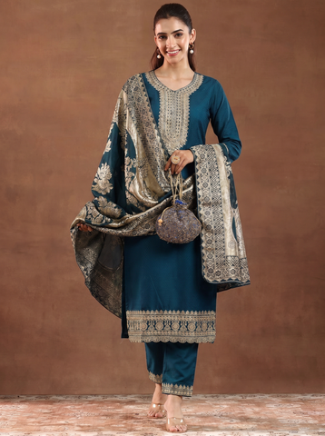 Women's Festive Teal Embroidered Kurta Suit Set with Dupatta
