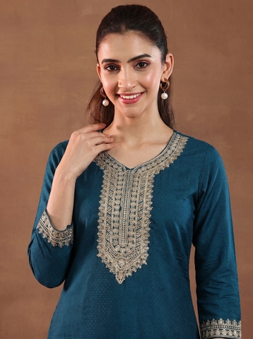 Women's Festive Teal Embroidered Kurta Suit Set with Dupatta