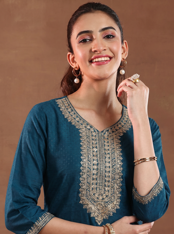 Women's Festive Teal Embroidered Kurta Suit Set with Dupatta