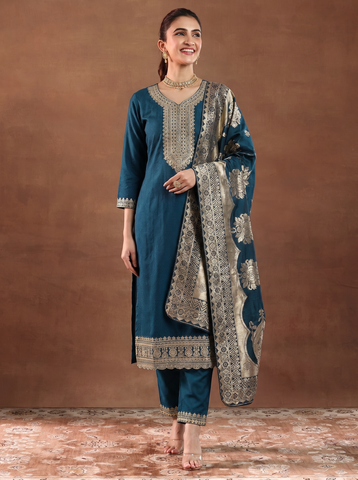 Women's Festive Teal Embroidered Kurta Suit Set with Dupatta