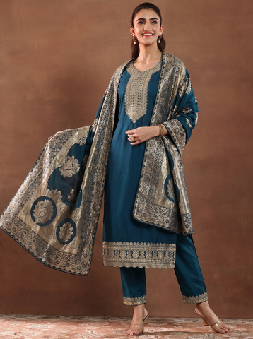 Women's Festive Teal Embroidered Kurta Suit Set with Dupatta
