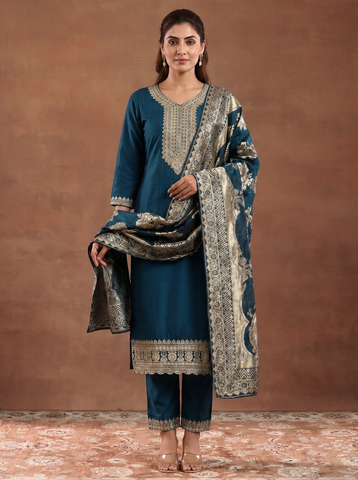 Women's Festive Teal Embroidered Kurta Suit Set with Dupatta