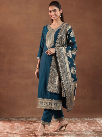 Women's Festive Teal Embroidered Kurta Suit Set with Dupatta