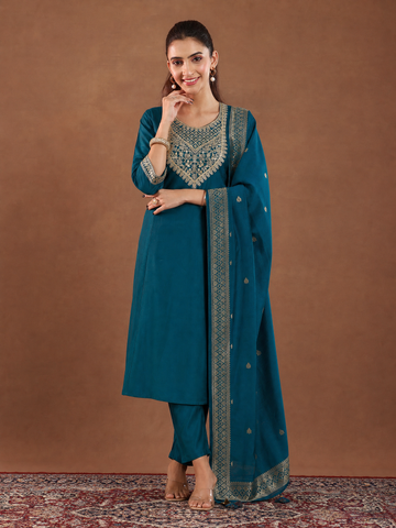 Women's Ethnic Teal Embroidered Kurta Suit Set With Dupatta