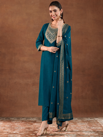 Women's Ethnic Teal Embroidered Kurta Suit Set With Dupatta