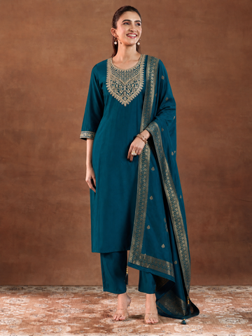 Women's Ethnic Teal Embroidered Kurta Suit Set With Dupatta