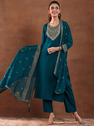 Women's Ethnic Teal Embroidered Kurta Suit Set With Dupatta