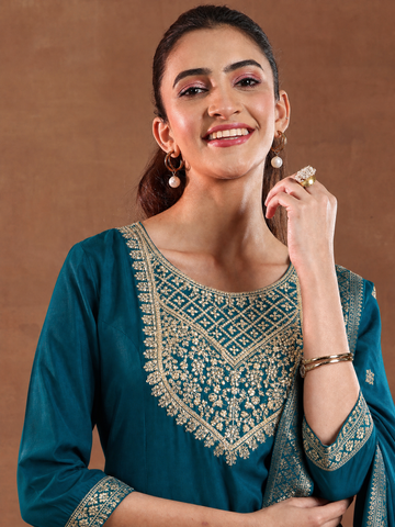 Women's Ethnic Teal Embroidered Kurta Suit Set With Dupatta