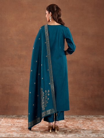 Women's Ethnic Teal Embroidered Kurta Suit Set With Dupatta