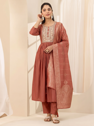 Women's Rust Embroidered Ethnic Kurta Suit Set with Jacquard Dupatta