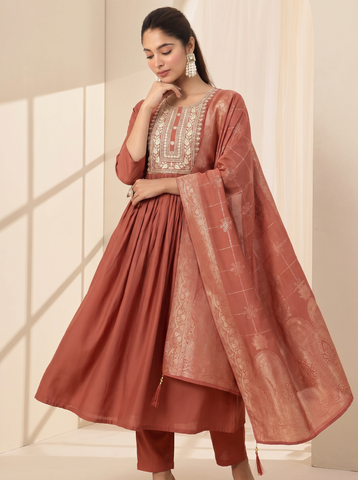 Women's Rust Embroidered Ethnic Kurta Suit Set with Jacquard Dupatta