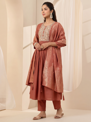 Women's Rust Embroidered Ethnic Kurta Suit Set with Jacquard Dupatta