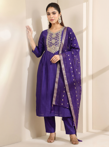 Women's Purple Embroidered Work Kurta Suit Set with Dupatta