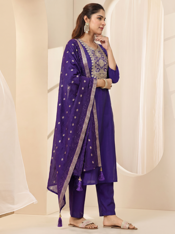 Women's Purple Embroidered Work Kurta Suit Set with Dupatta