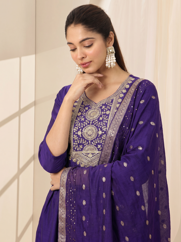 Women's Purple Embroidered Work Kurta Suit Set with Dupatta