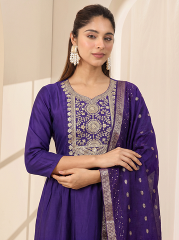 Women's Purple Embroidered Work Kurta Suit Set with Dupatta