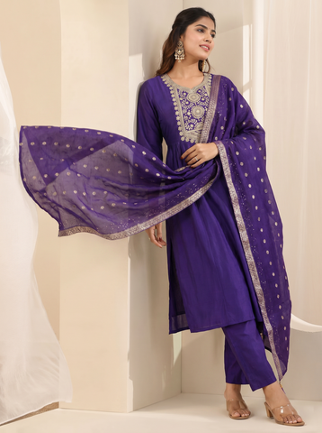 Women's Purple Embroidered Work Kurta Suit Set with Dupatta