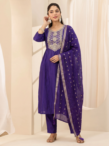 Women's Purple Embroidered Work Kurta Suit Set with Dupatta