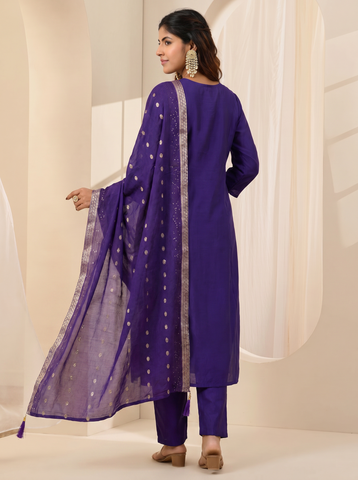 Women's Purple Embroidered Work Kurta Suit Set with Dupatta