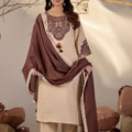 Beige Straight Kurta Set with Brown Peacock Embroidery & Lace-Trim Dupatta