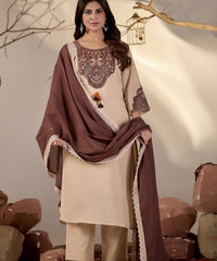 Beige Straight Kurta Set with Brown Peacock Embroidery & Lace-Trim Dupatta