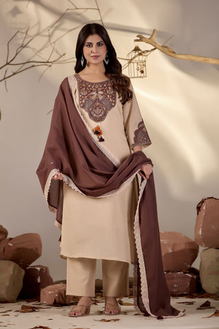 Beige Straight Kurta Set with Brown Peacock Embroidery & Lace-Trim Dupatta