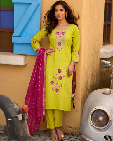 Lime Green Straight Kurta Set with Magenta Floral Embroidery & Banarasi Dupatta