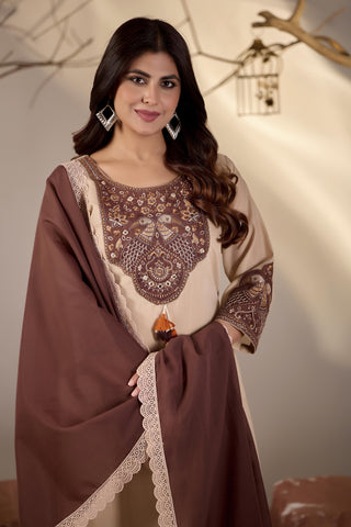 Beige Straight Kurta Set with Brown Peacock Embroidery & Lace-Trim Dupatta