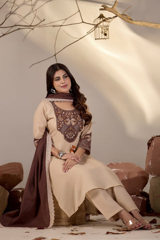 Beige Straight Kurta Set with Brown Peacock Embroidery & Lace-Trim Dupatta