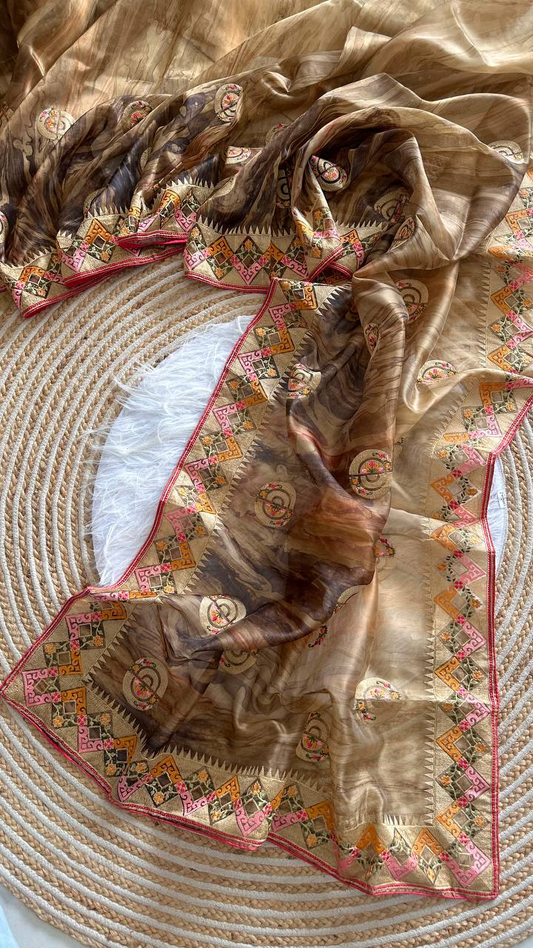 Brown Tie-Dye Organza Silk Saree with Structure Print & Embroidery Thread Work Aztec Border