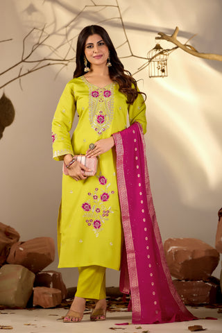 Lime Green Embroidered Kurta Set with Rani Pink Banarasi Dupatta