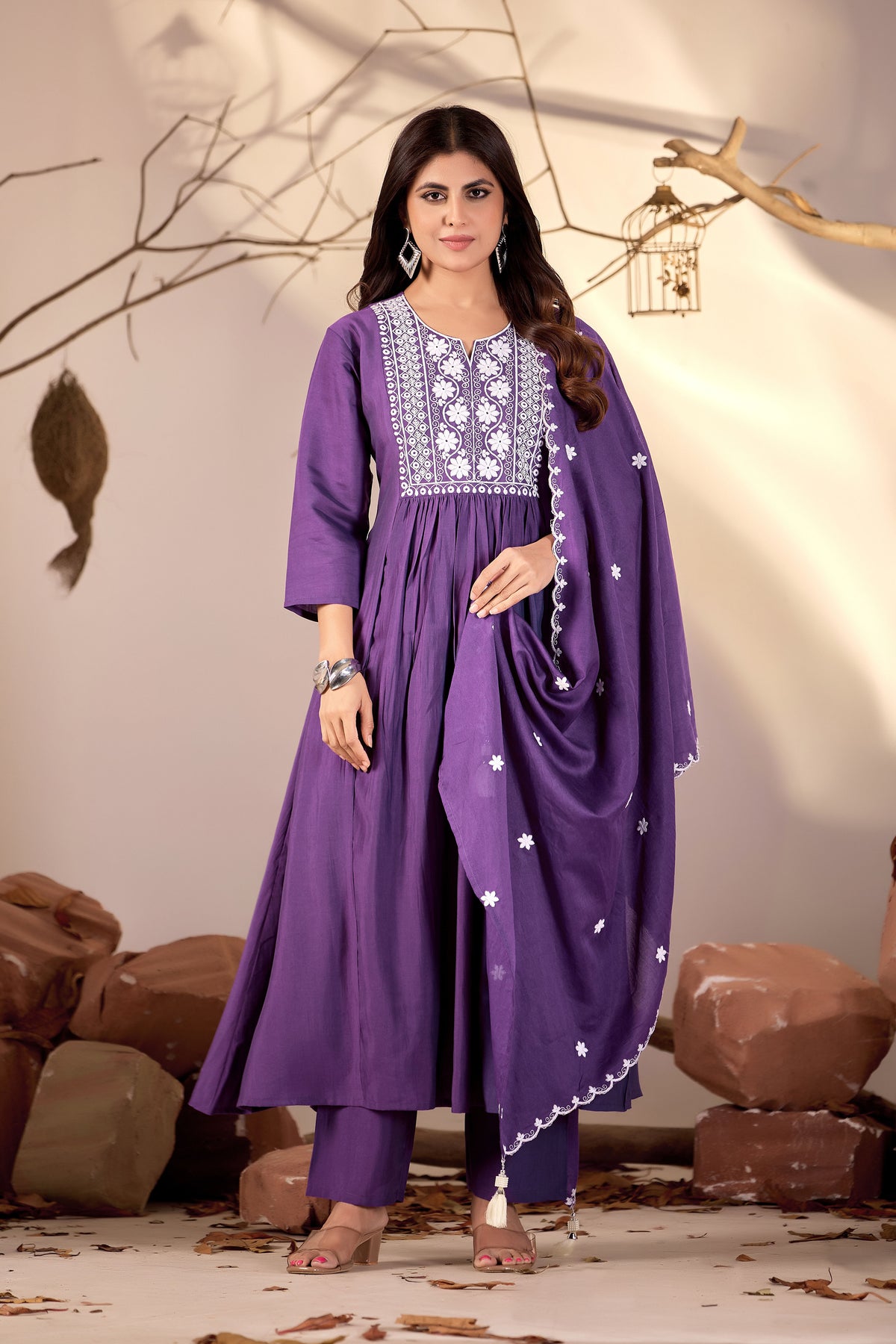 Purple Flared Anarkali Kurta Set with White Chikankari Embroidery