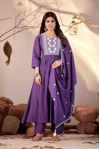 Purple Flared Anarkali Kurta Set with White Chikankari Embroidery