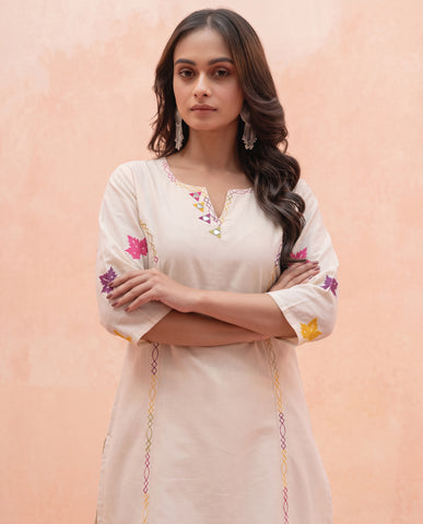Women's Ivory Cotton Embroidered Kurta Pants Set