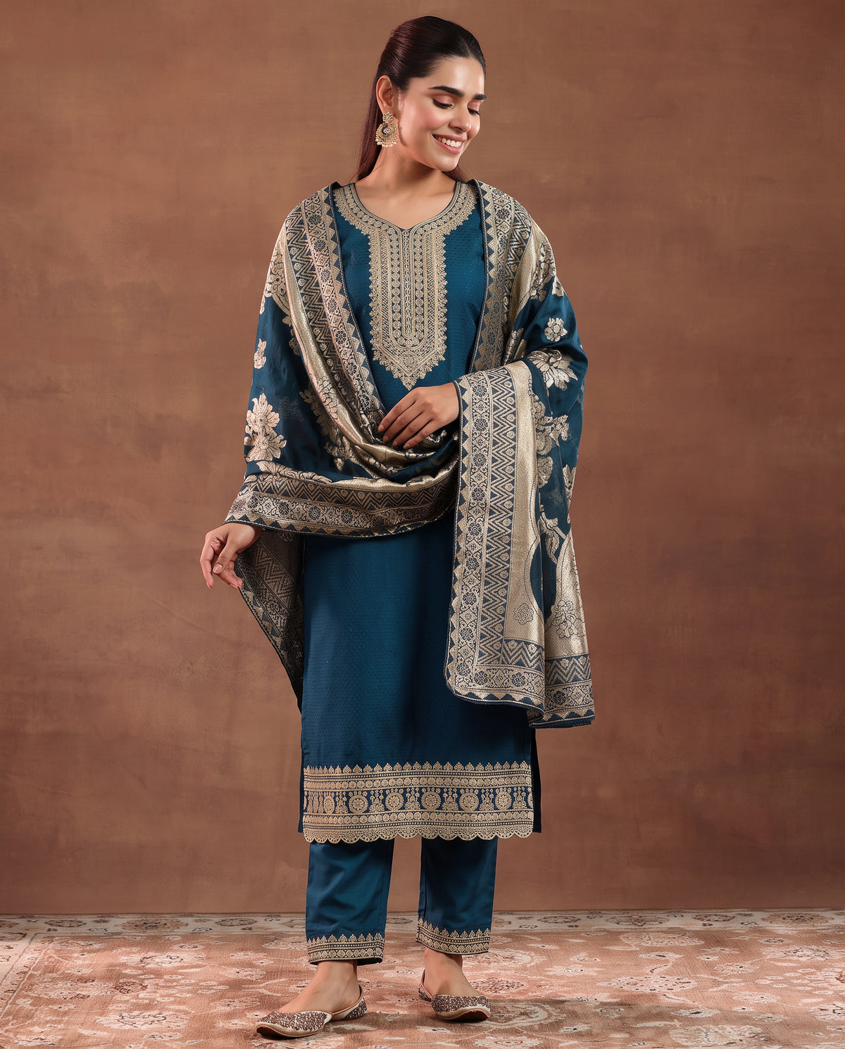 Women's Festive Teal Embroidered Kurta Suit Set with Dupatta