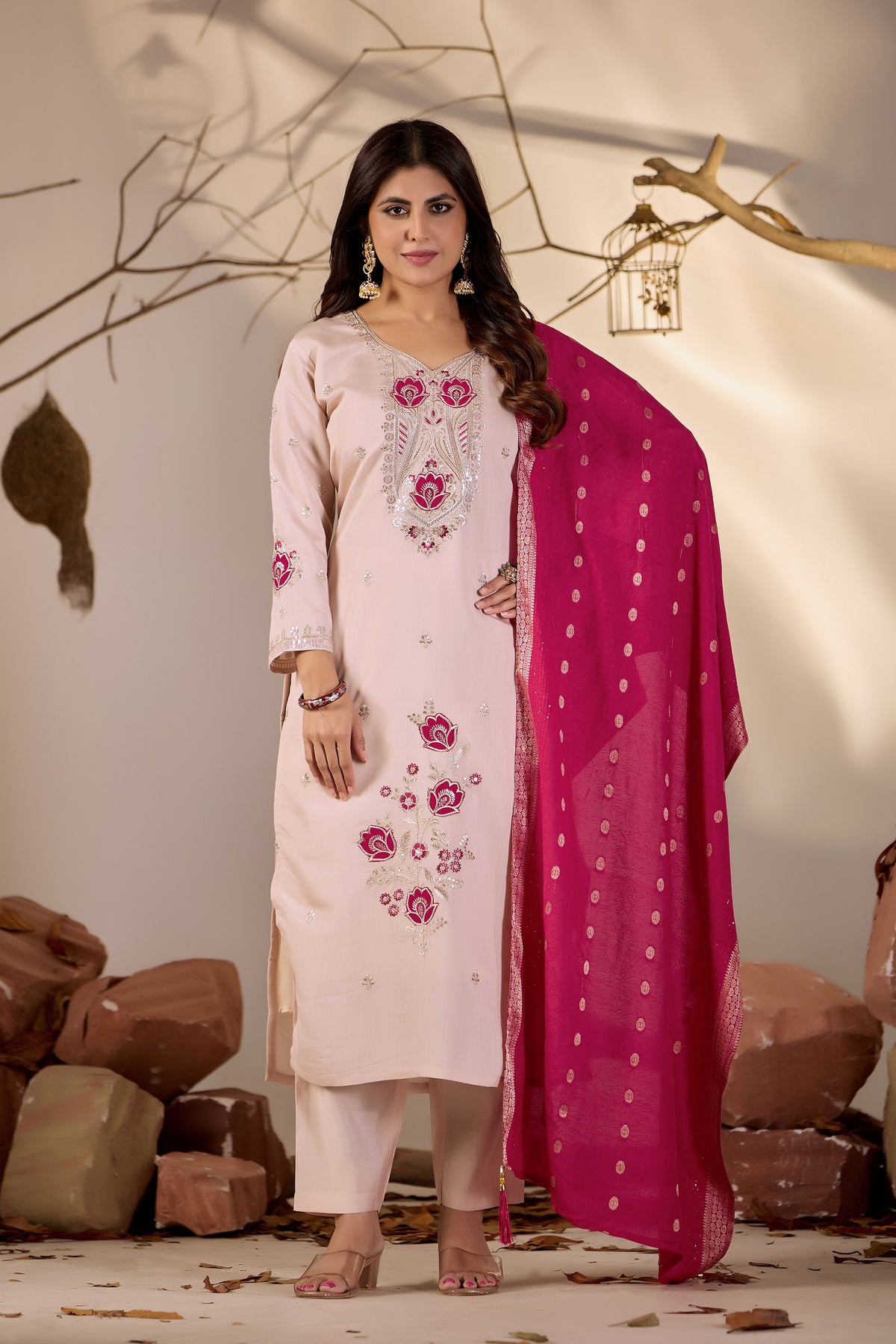 Blush Peach Embroidered Kurta Set with Rani Pink Woven Dupatta