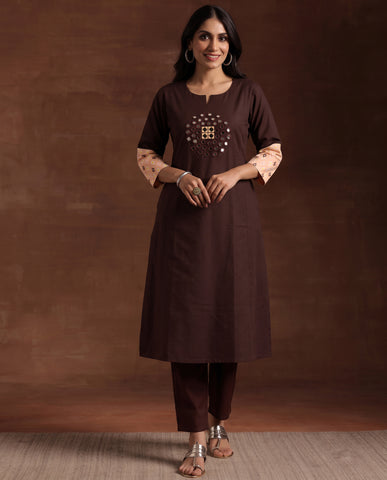 Coffee Brown Mirror Work Kurta with Ikat Print Sleeves & Pant