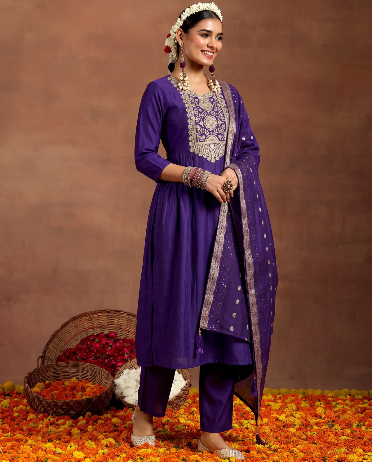 Women's Purple Embroidered Work Kurta Suit Set with Dupatta