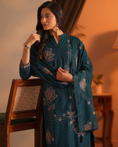 Navy Blue Embroidered Cotton A-Line Kurta Set for Women with Dupatta