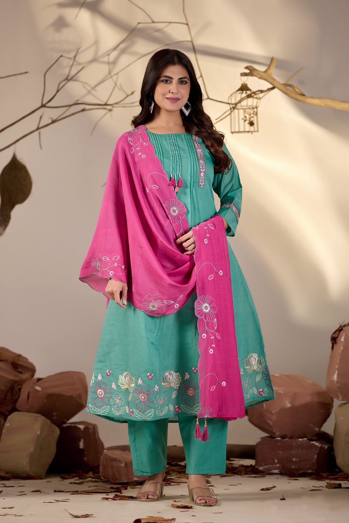 Sea Green Pintuck Kurta Set with Fuchsia Pink Floral Dupatta